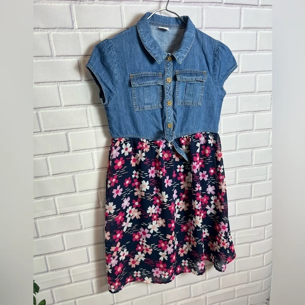 WONDER NATION girls Floral Denim Dress/size L(10-12)